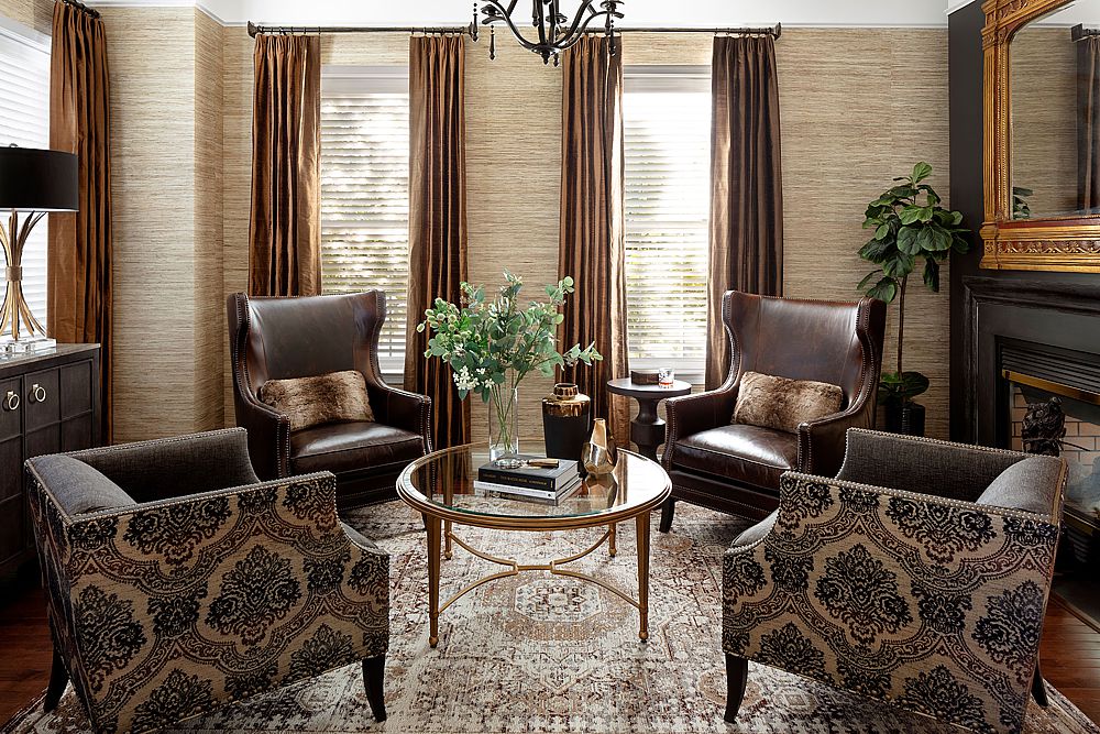 A masculine living room layered with texture and warmth.
